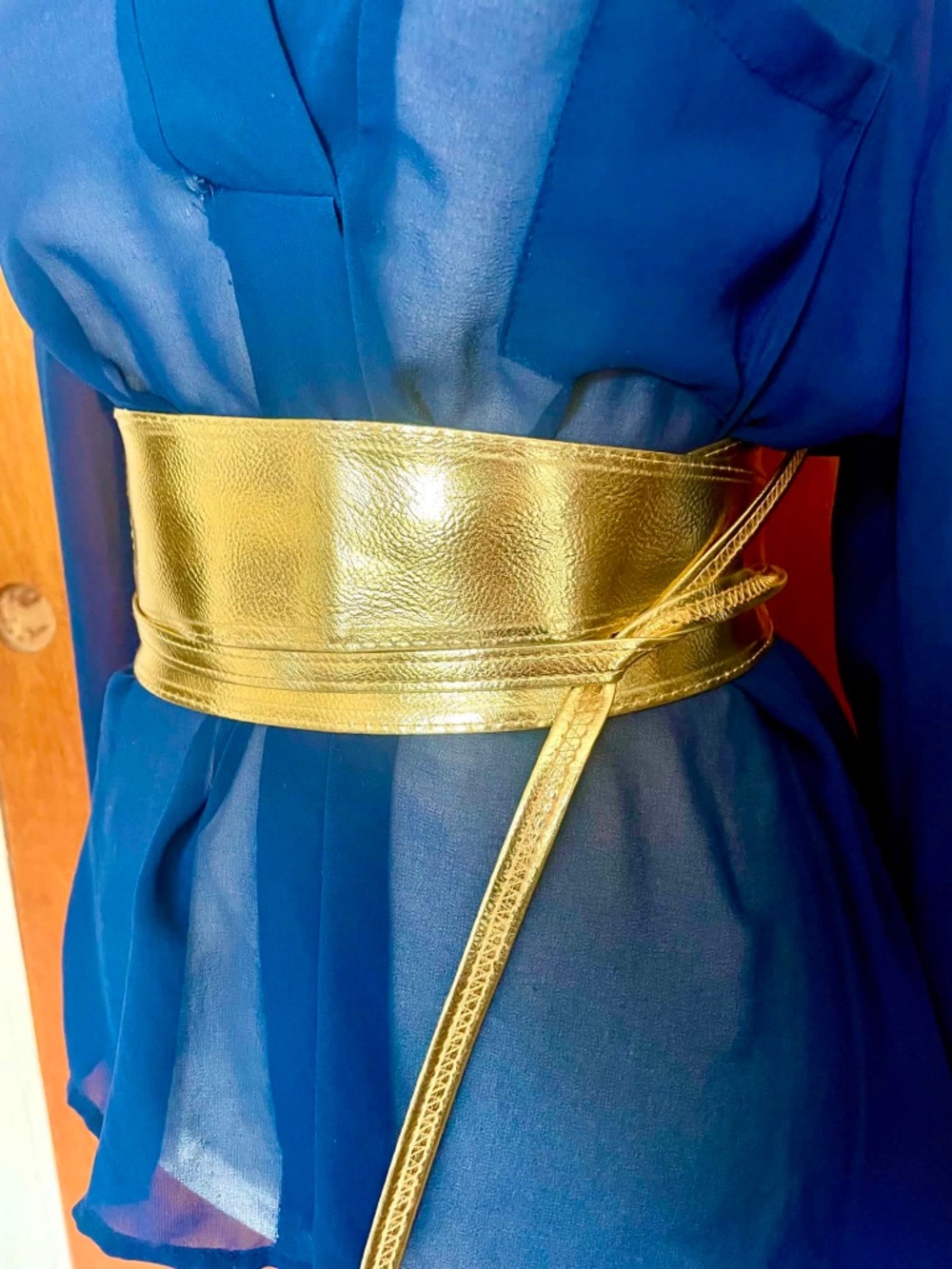 Gold Metallic Wide Wrap Waist Belt Obi Retro Style